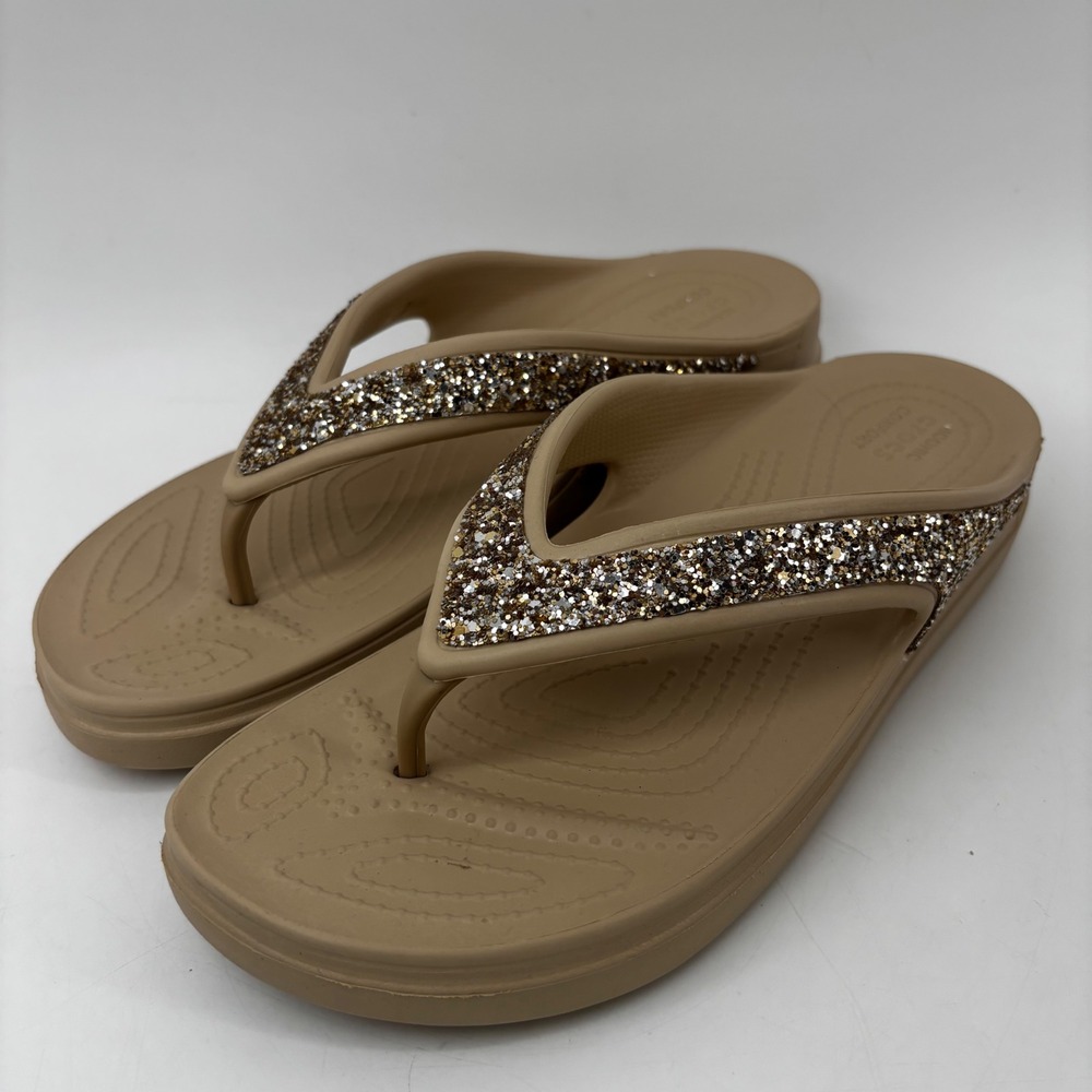 Crocs Capri V Glitter Flip Flops Tan Gold Sparkle Sandals 207665 Women Size 10